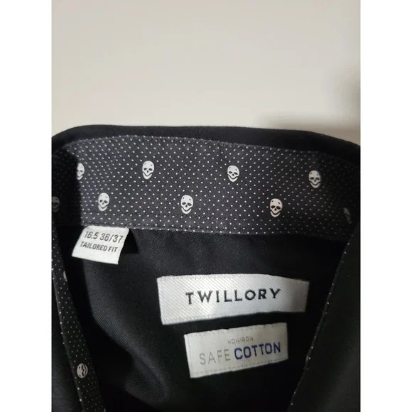Twillory Safe Cotton Black Dress Shirt 16.5 36/37 Tailored Skull Collar Cuffs - Picture 6 of 12